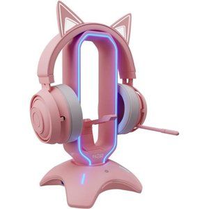 RGB Gaming Headset Stand - 3 in 1 Pink Headphone Stand with Mouse Bungee